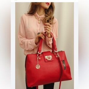 DKNY Red Pebbled Leather Tote with Removable Shoulder Strap